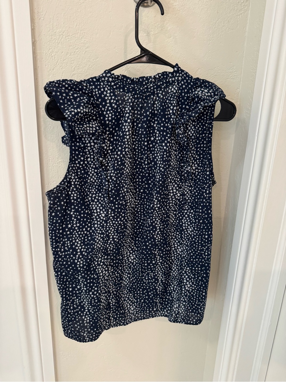 LOFT Navy and White Star-Print Ruffle Button-up Sleeveless Blouse - Picture 2 of 8